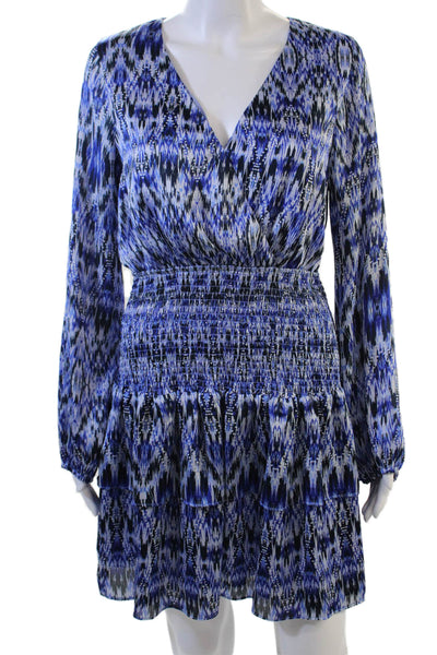 Aqua Womens Blouson Mini Dress Blue V-Neck Long Sleeve Geometric Size M