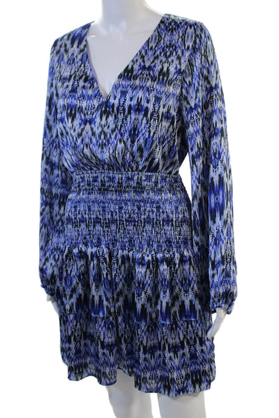 Aqua Womens Blouson Mini Dress Blue V-Neck Long Sleeve Geometric Size M