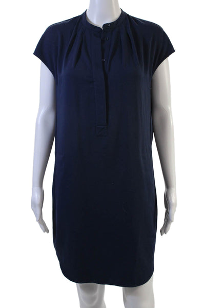 Vince Womens Shift Shirt Dress Dark Blue High Neck Button Short Sleeve Size XS
