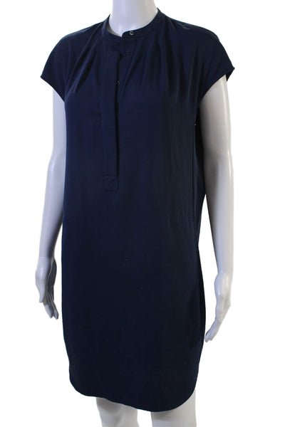 Vince Womens Shift Shirt Dress Dark Blue High Neck Button Short Sleeve Size XS