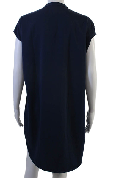 Vince Womens Shift Shirt Dress Dark Blue High Neck Button Short Sleeve Size XS