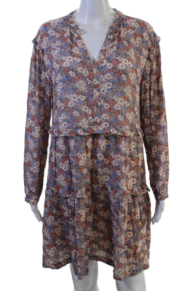 Rails Womens Floral V-Neck Long Sleeve Shirt Dress Blue Rayon Size S