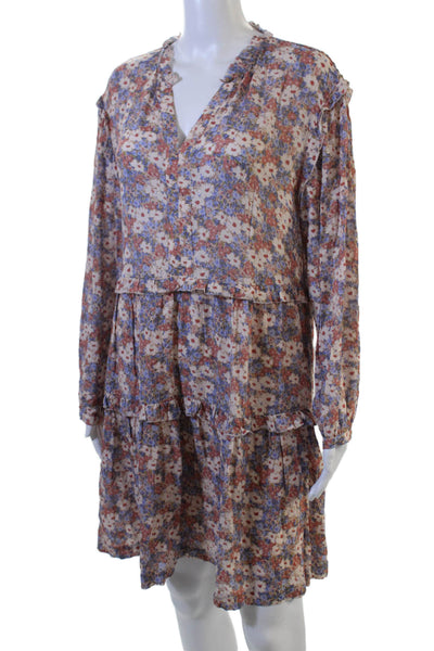 Rails Womens Floral V-Neck Long Sleeve Shirt Dress Blue Rayon Size S