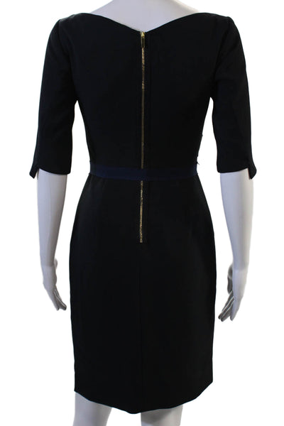 Elie Tahari Womens Sheath Dress Black V-Neck 3/4 Sleeve Knee Length Size 0