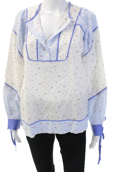 The Shirt Womens Light Blue V-Neck Floral Cotton Tunic Long Sleeve Size S