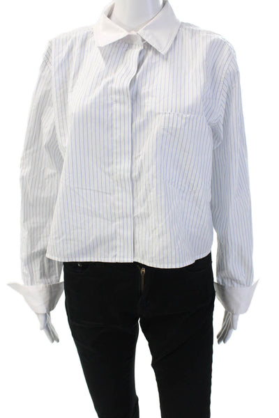 Good American Women Cropped Button-Up Striped Cotton White Long Sleeve Size L