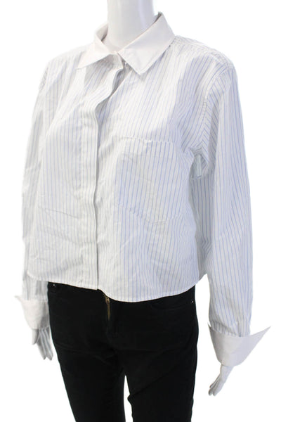 Good American Women Cropped Button-Up Striped Cotton White Long Sleeve Size L