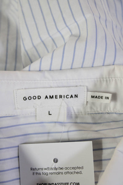 Good American Women Cropped Button-Up Striped Cotton White Long Sleeve Size L