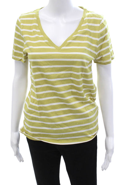 J Crew Women Green Striped V-Neck Jersey T-Shirt Short Sleeve Cotton Size XS