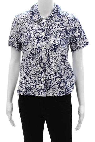 J Crew Womens Dark Blue Floral Collared Button-Up Short Sleeve Cotton Size 0