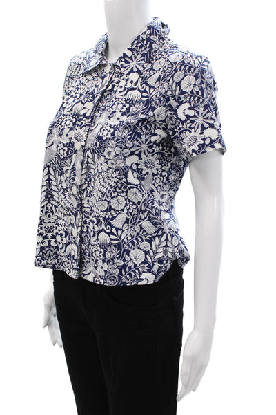 J Crew Womens Dark Blue Floral Collared Button-Up Short Sleeve Cotton Size 0