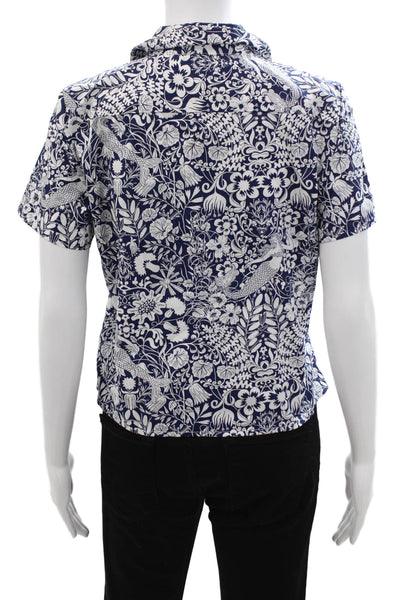 J Crew Womens Dark Blue Floral Collared Button-Up Short Sleeve Cotton Size 0