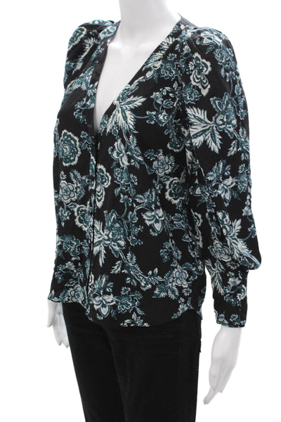 Veronica Beard Womens Silk Floral V-Neck Button Up Blouse Long Sleeve Size 2
