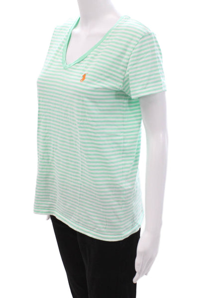 Ralph Lauren Blue Label Women Striped V-Neck T-Shirt Green Short Sleeve Size L