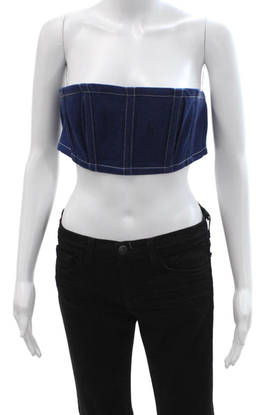 By Dylan Womens Cropped Sleeveless Zip Check Dark Blue Top Size M