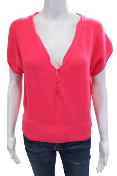 J Crew Womens 100% Cashmere V-Neck Short Sleeve Pink Button Size M