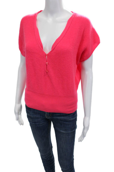 J Crew Womens 100% Cashmere V-Neck Short Sleeve Pink Button Size M