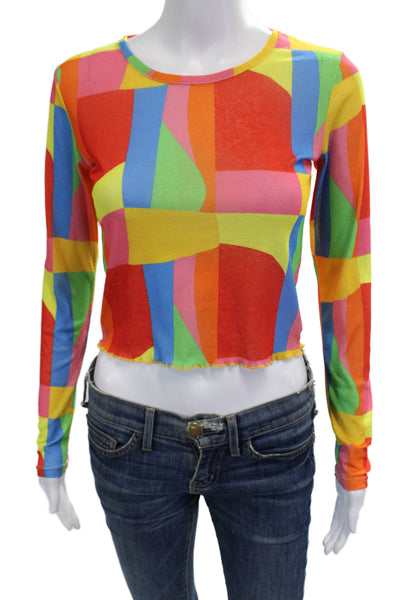 It's Now Cool Womens Cropped T Shirt Blue Geometric Long Sleeve Size XS