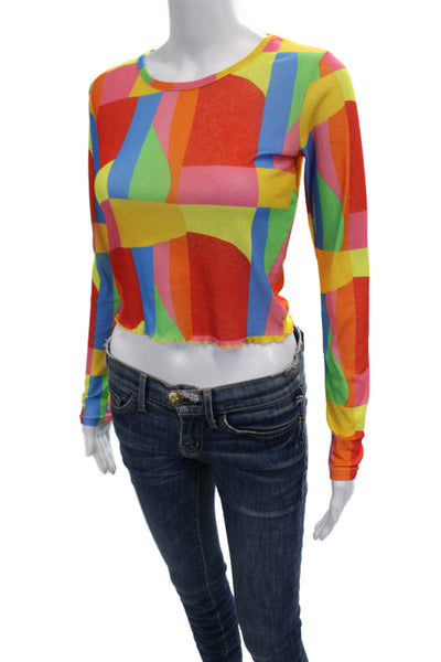 It's Now Cool Womens Cropped T Shirt Blue Geometric Long Sleeve Size XS