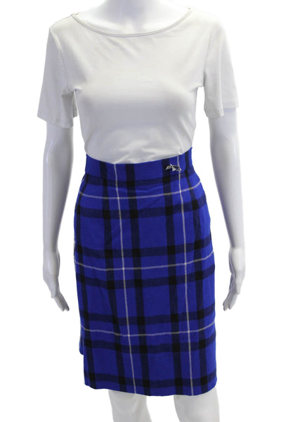 Escada Womens Straight Pencil Plaid Wool Short Skirt Blue Size 44