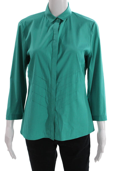 Lafayette 148 New York Women Collared Green Button-Up Blouse 3/4 Sleeve Size 4