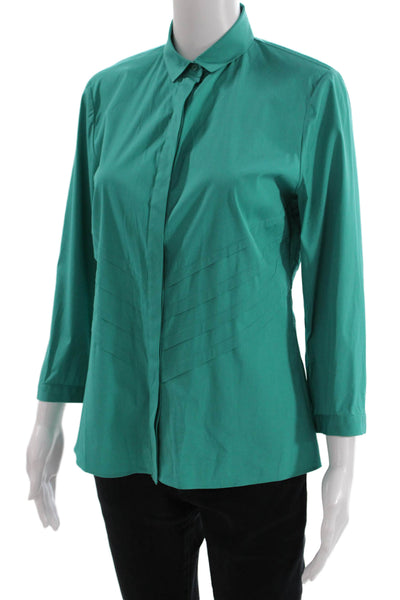 Lafayette 148 New York Women Collared Green Button-Up Blouse 3/4 Sleeve Size 4