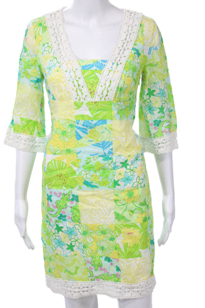 Lilly Pulitzer Women Shift Dress Green Floral Linen V-Neck 3/4 Sleeve Size XS