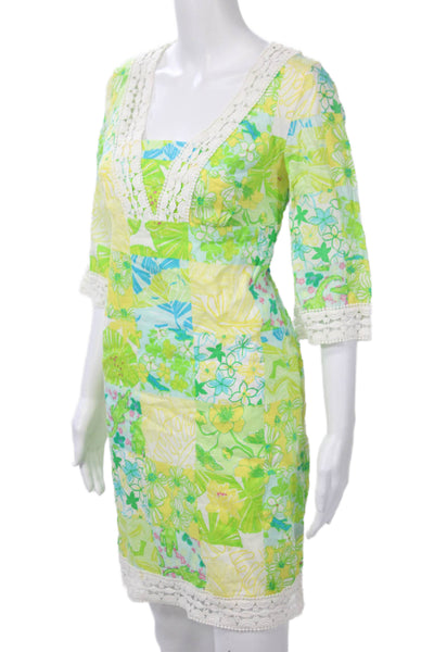 Lilly Pulitzer Women Shift Dress Green Floral Linen V-Neck 3/4 Sleeve Size XS