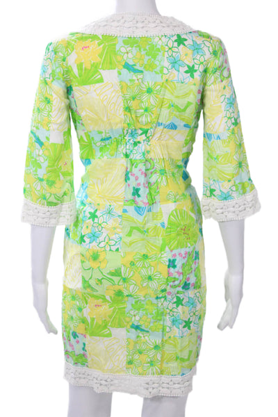 Lilly Pulitzer Women Shift Dress Green Floral Linen V-Neck 3/4 Sleeve Size XS