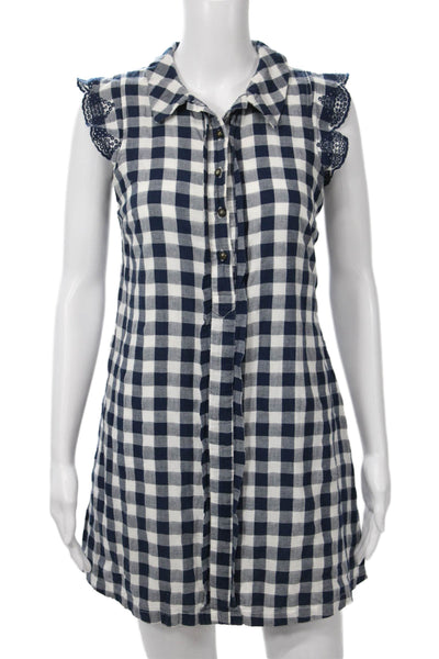 Dear Creatures Women Tunic Button-Up Blue Check Sleeveless Cotton Size XS