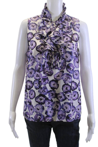 J Crew Women Purple Silk Floral Sleeveless High Neck Blouse Size 12