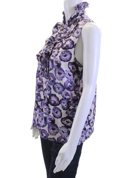 J Crew Women Purple Silk Floral Sleeveless High Neck Blouse Size 12