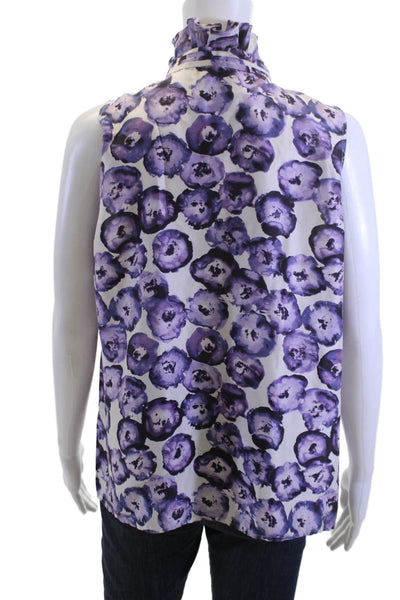 J Crew Women Purple Silk Floral Sleeveless High Neck Blouse Size 12
