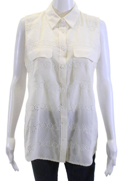 Equipment Femme Women White Silk Collared Sleeveless Tunic Button Up Size M