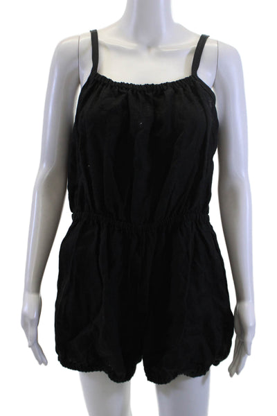 Suzie Kondi Women Jumpsuit Romper Black Linen Scoop Neck Sleeveless Size L