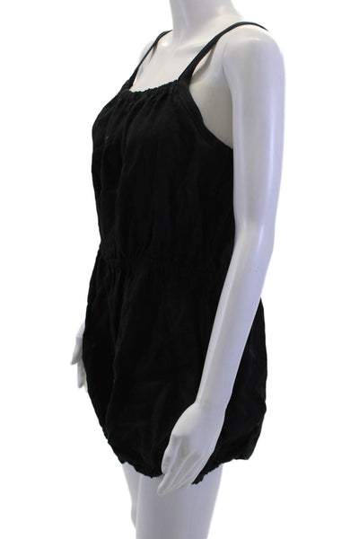 Suzie Kondi Women Jumpsuit Romper Black Linen Scoop Neck Sleeveless Size L