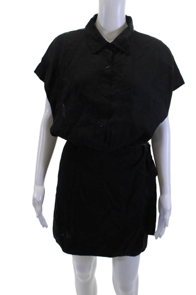 A Piece Apart Womens Black Linen Shirt Dress Button Short Sleeve Size L