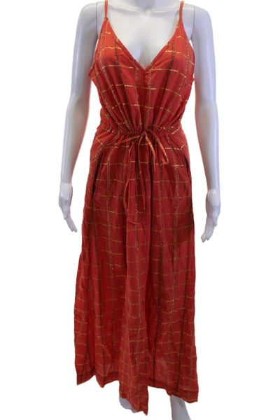 Ace & Jig Womens Maxi Slip Dress Red V-Neck Sleeveless Check Size L