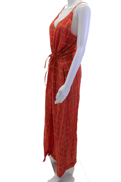 Ace & Jig Womens Maxi Slip Dress Red V-Neck Sleeveless Check Size L