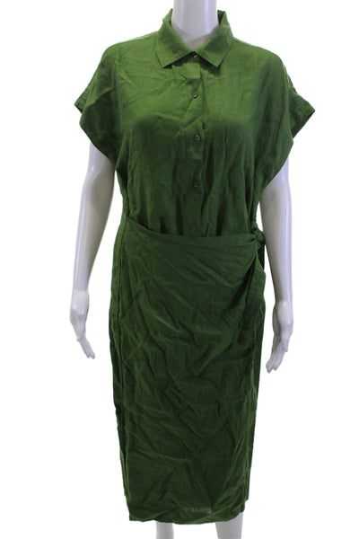 A Piece Apart Women Green Linen Shirt Dress Collared Short Sleeve Midi Size M