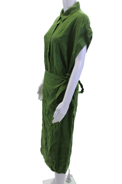 A Piece Apart Women Green Linen Shirt Dress Collared Short Sleeve Midi Size M