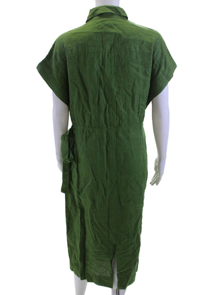 A Piece Apart Women Green Linen Shirt Dress Collared Short Sleeve Midi Size M