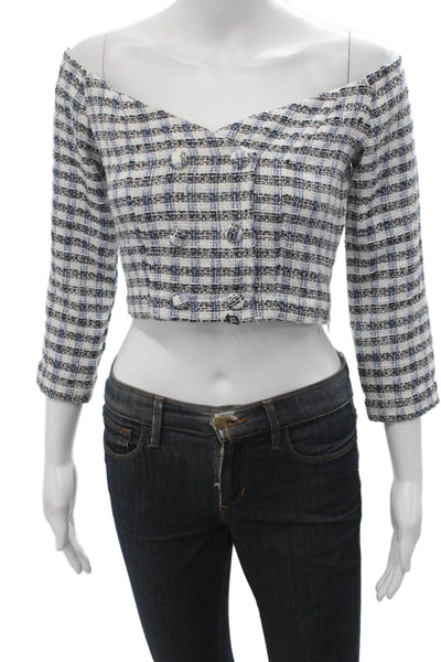 Zara Womens Cropped Checked Blouse 3/4 Sleeve Button Up Black Size XS