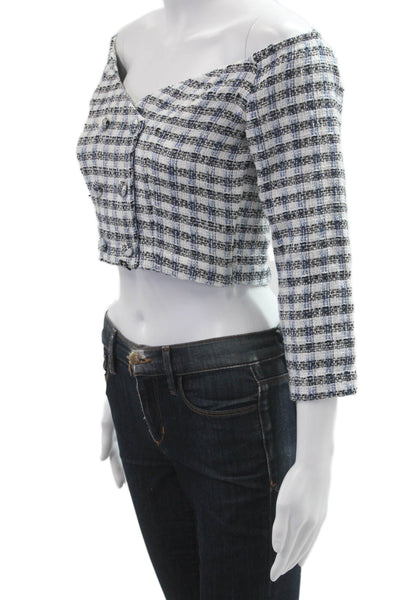 Zara Womens Cropped Checked Blouse 3/4 Sleeve Button Up Black Size XS