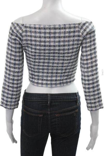 Zara Womens Cropped Checked Blouse 3/4 Sleeve Button Up Black Size XS