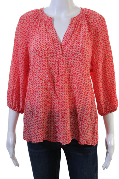 Joie Women Tunic Blouse Red Silk V-Neck 3/4 Sleeve Geometric Boho Size XS