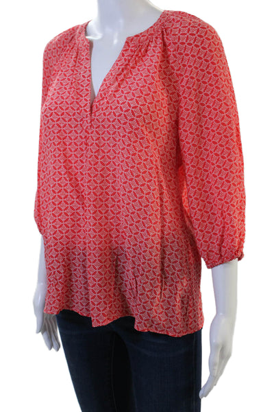 Joie Women Tunic Blouse Red Silk V-Neck 3/4 Sleeve Geometric Boho Size XS