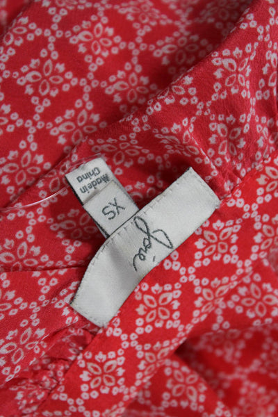 Joie Women Tunic Blouse Red Silk V-Neck 3/4 Sleeve Geometric Boho Size XS