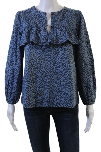 J Crew Womens Blue Animal Print Cotton Blend Button Blouse Long Sleeve Size XS