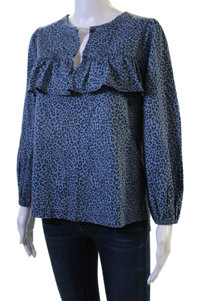 J Crew Womens Blue Animal Print Cotton Blend Button Blouse Long Sleeve Size XS